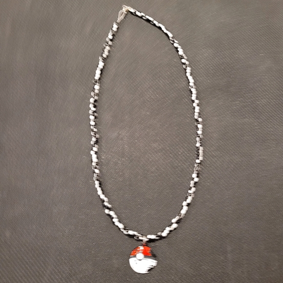 Red and Black Beaded Necklace with Poké Ball Pendant - Picture 2 of 5